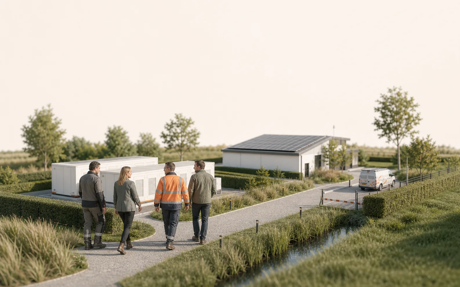 Illustratie van samenwerking bij een zonne-energie- en energieopslaginstallatie