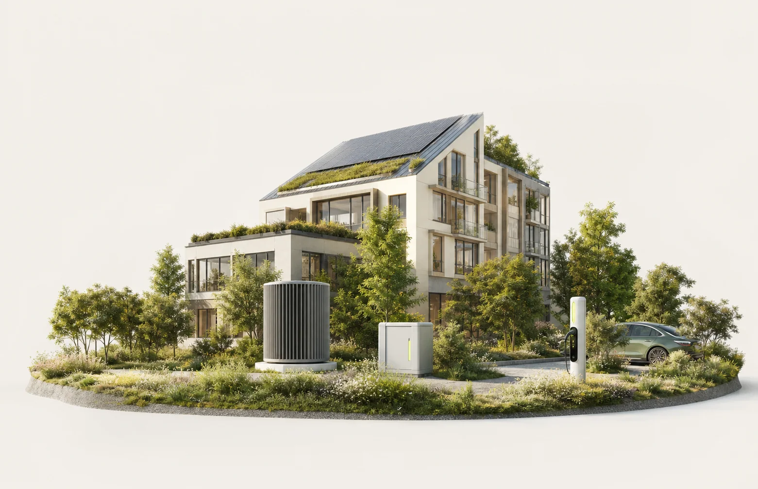 Een duurzaam Nederlands gebouw met zonnepanelen, batterij, warmtepomp en laadpunt