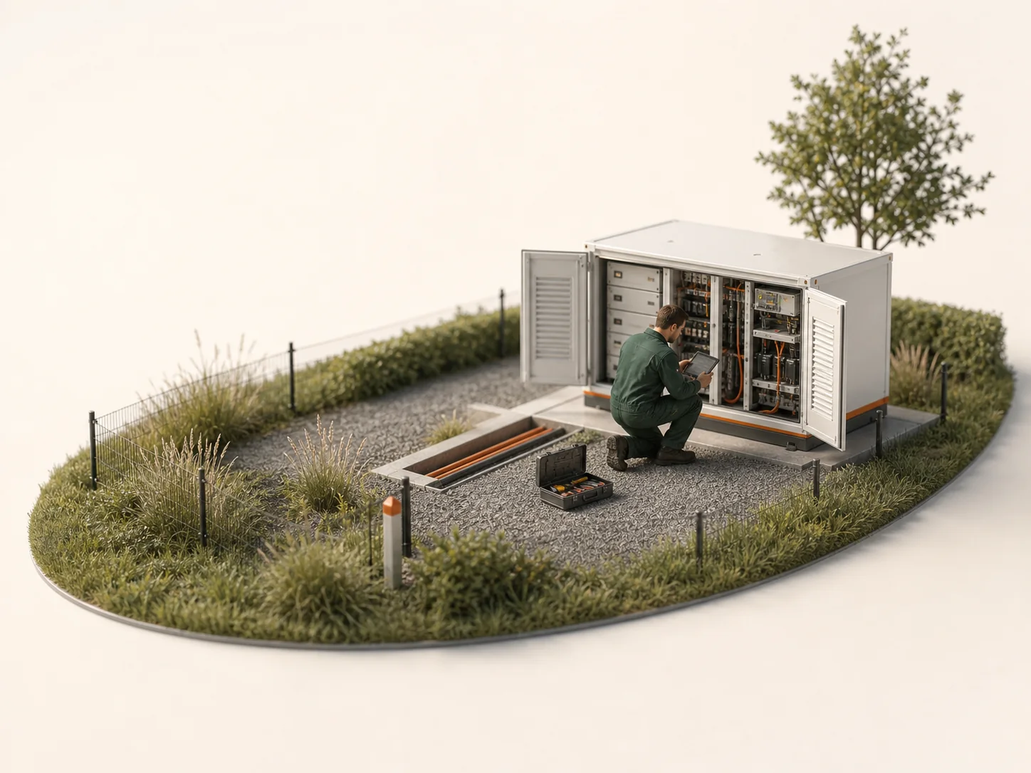 Installateur controleert een energieopslaginstallatie op locatie