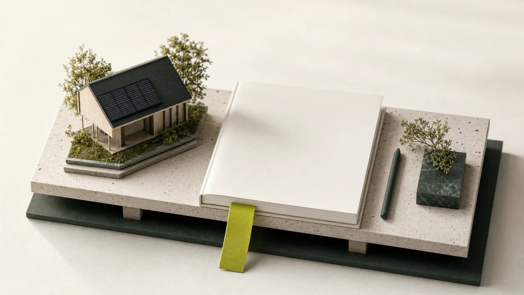 Notitieboek met een miniatuurwoning met zonnepanelen
