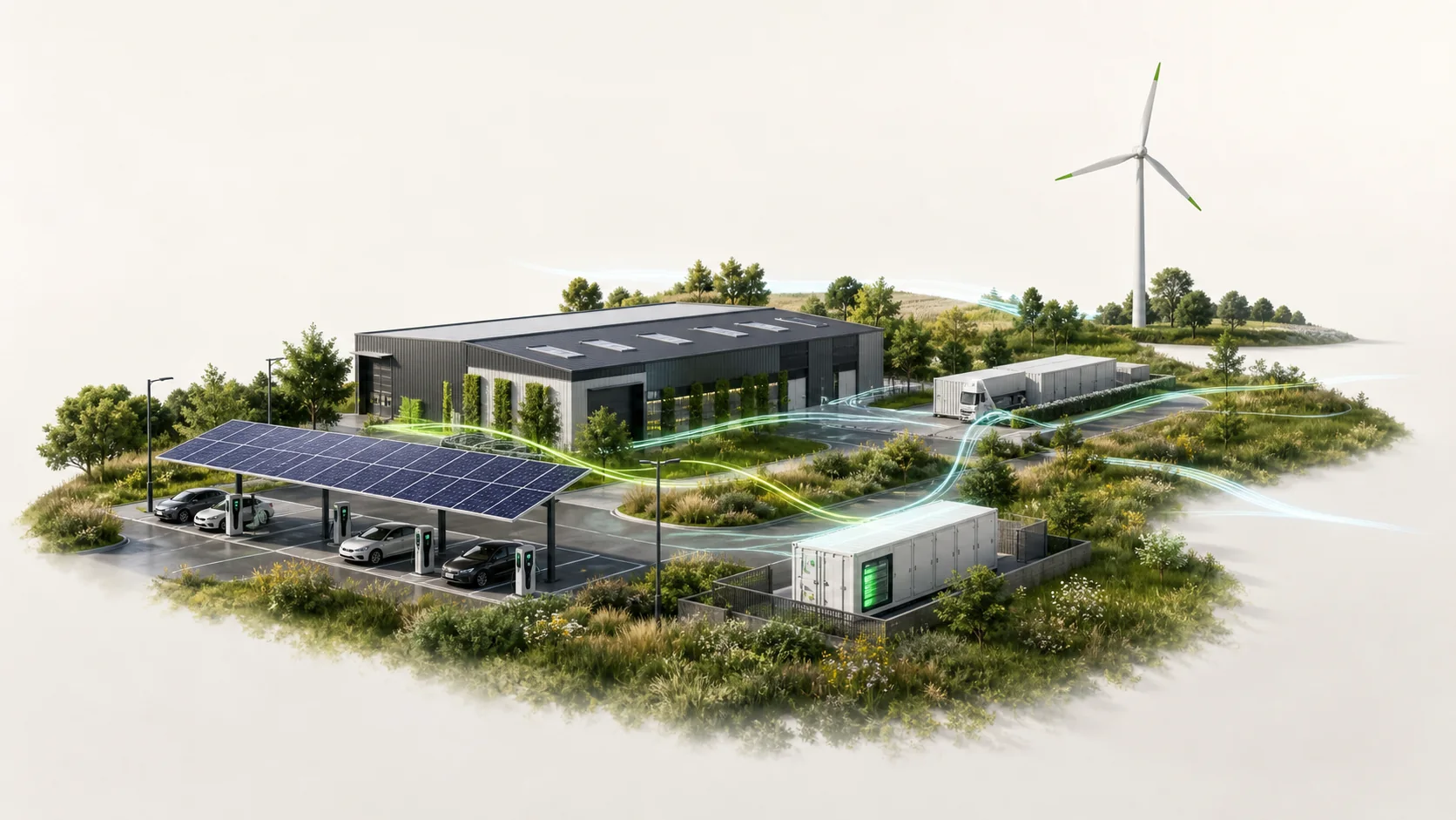 Verbonden duurzaam energiesysteem met zonnepanelen, windenergie en opslag